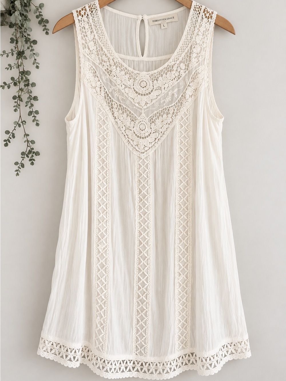 Cream Lace Crochet Tunic Top L Romantic Boho Hippie Cottagecore Feminine Sheer - Picture 2 of 10
